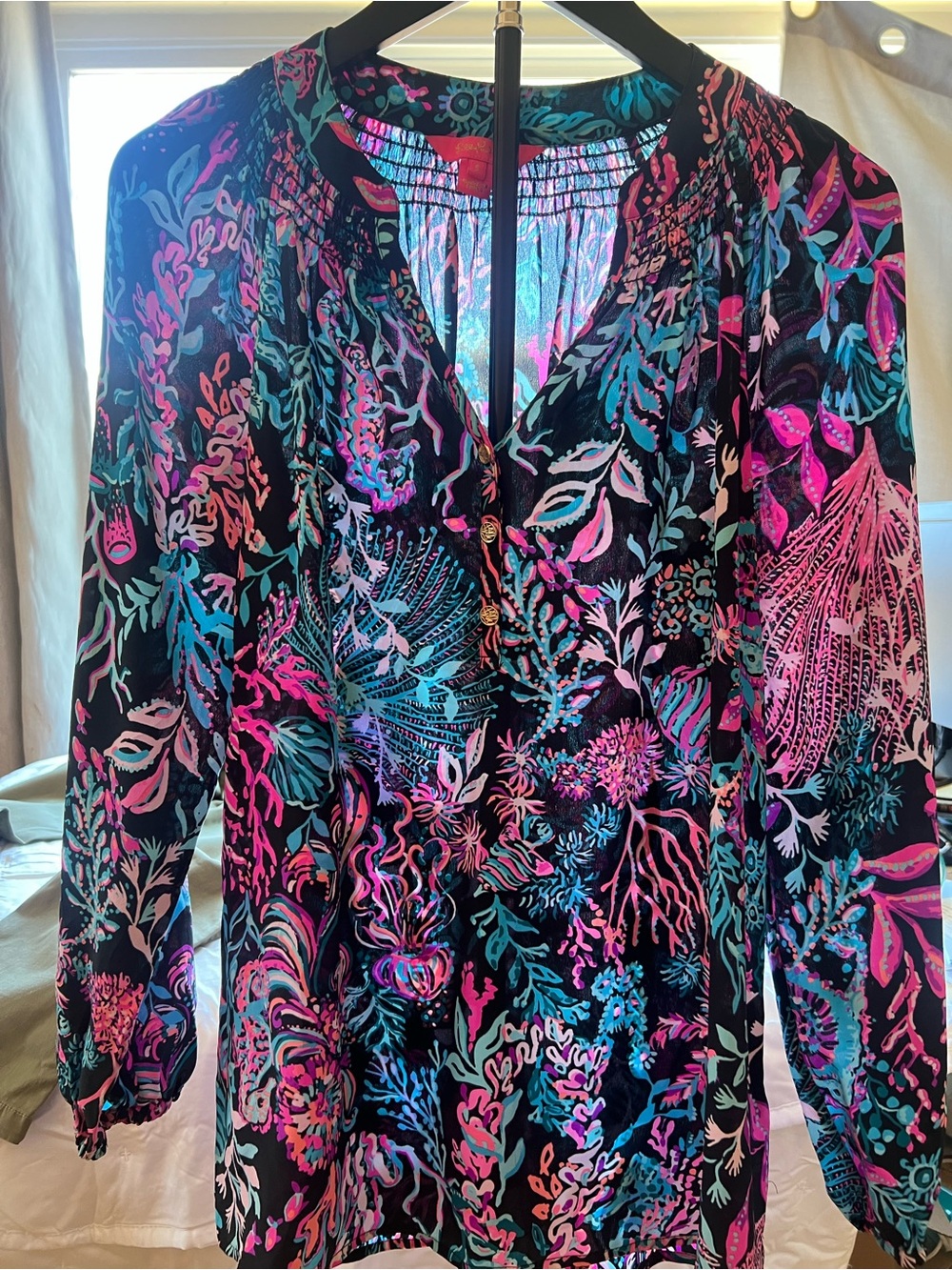 Lily Pulitzer Vibrant Floral Long-Sleeve Blouse - Multi Pink & Teal on Black